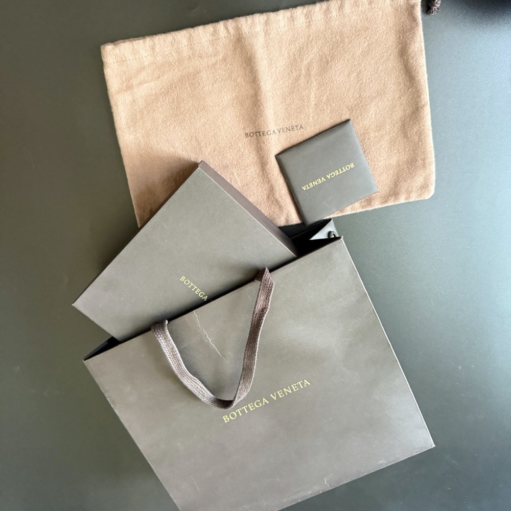 Authentic Bottega Veneta brown gift box, dust bag, card 6 3/4" x  6 3/4" x 3"